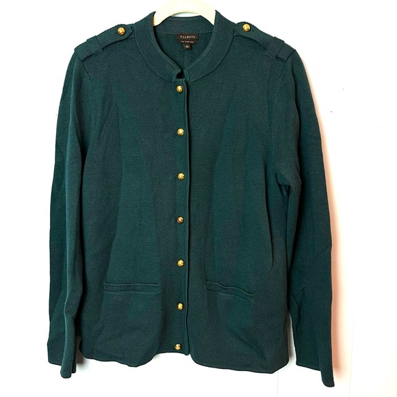 Talbots Women Large 100% Merino Wool Moss Green Cardigan Gold Buttons Preppy - Picture 1 of 8